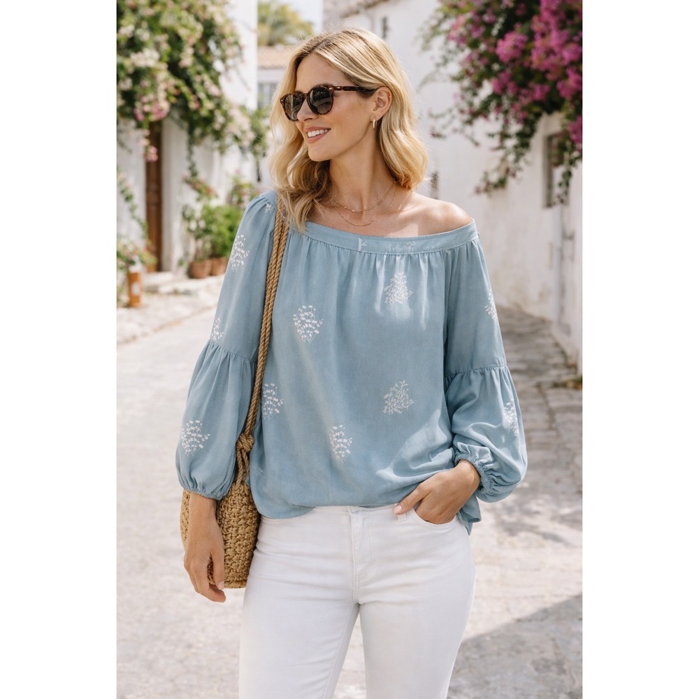 LOFT Light Blue Off-Shoulder Peasant Blouse